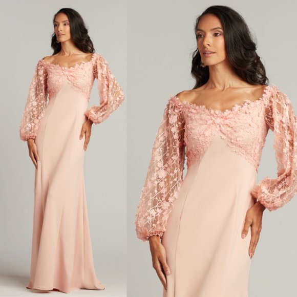 NWT Tadashi Shoji NELLIE FLORAL APPLIQUÉ GOWN DRESS BFP22044L ANTIQUE PINK